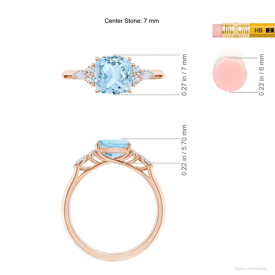 7mm AAA Cushion Aquamarine Side Stone Engagement Ring with Diamonds in Rose Gold ruler