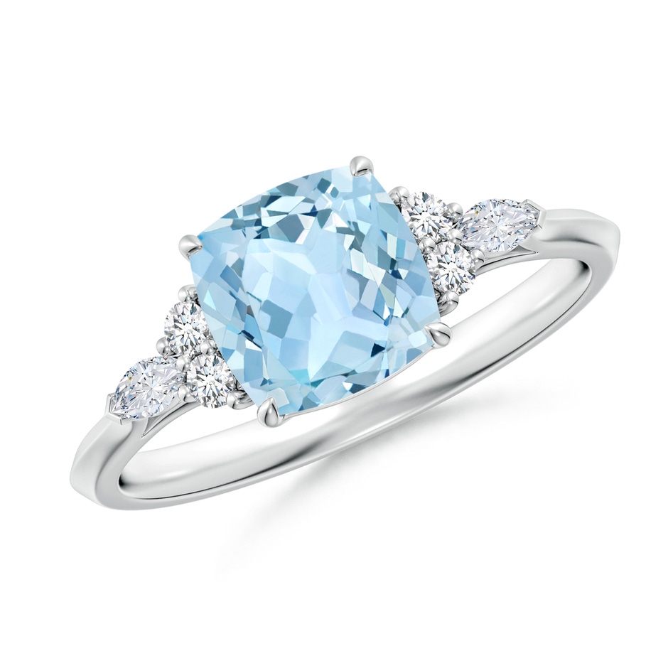 7mm AAA Cushion Aquamarine Side Stone Engagement Ring with Diamonds in S999 Silver 