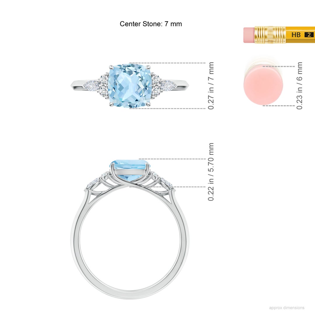 7mm AAA Cushion Aquamarine Side Stone Engagement Ring with Diamonds in White Gold - ruler