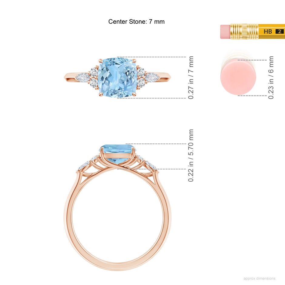 7mm AAAA Cushion Aquamarine Side Stone Engagement Ring with Diamonds in Rose Gold ruler