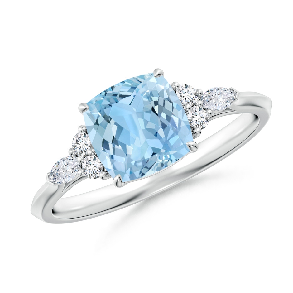 7mm AAAA Cushion Aquamarine Side Stone Engagement Ring with Diamonds in S999 Silver 
