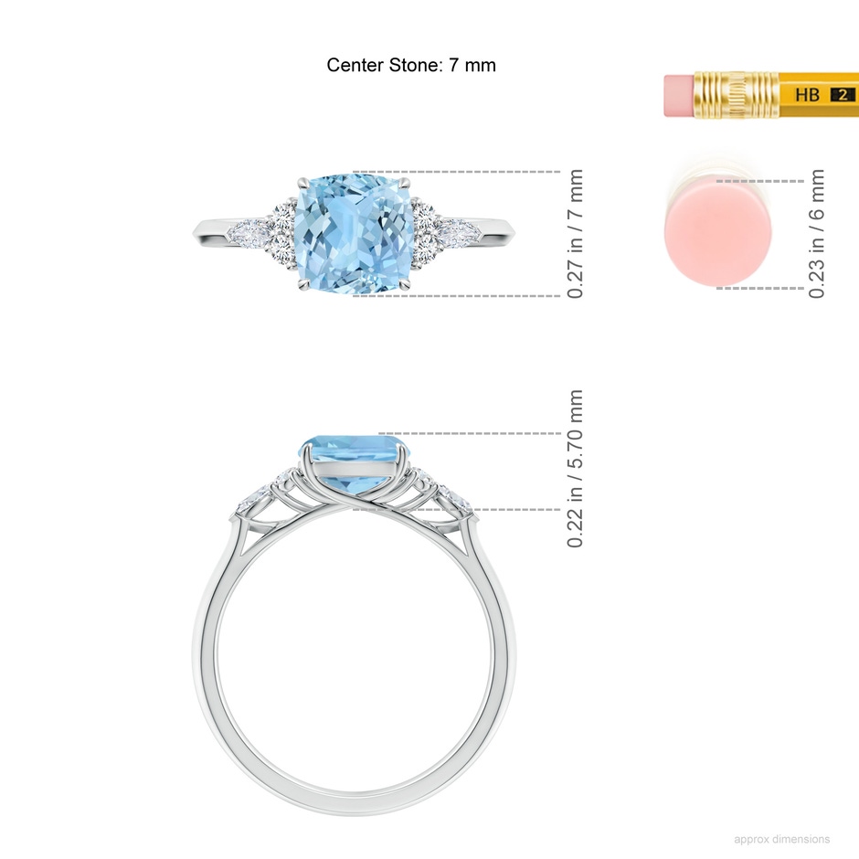 7mm AAAA Cushion Aquamarine Side Stone Engagement Ring with Diamonds in White Gold ruler