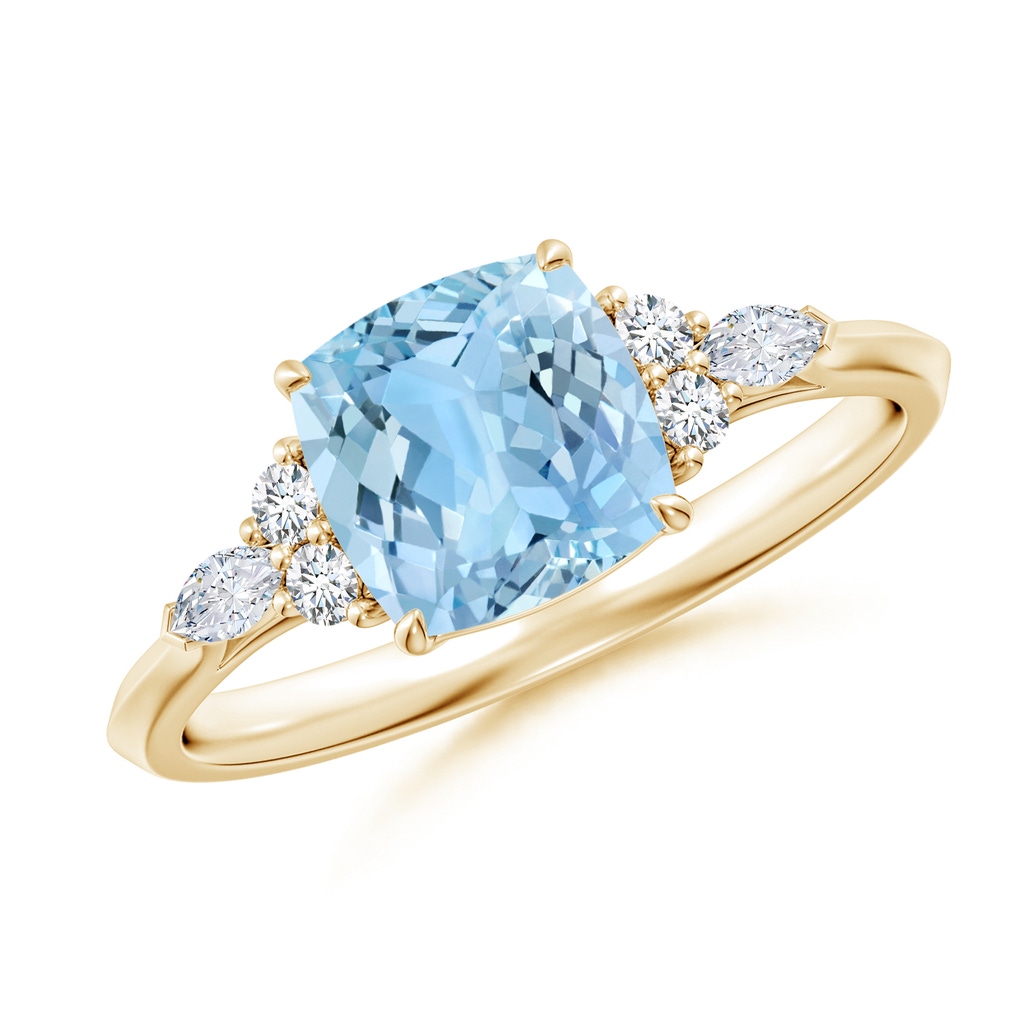 7mm AAAA Cushion Aquamarine Side Stone Engagement Ring with Diamonds in Yellow Gold
