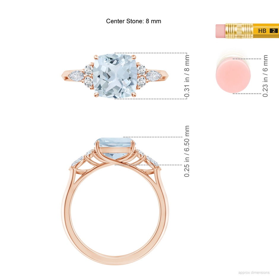 8mm A Cushion Aquamarine Side Stone Engagement Ring with Diamonds in Rose Gold ruler