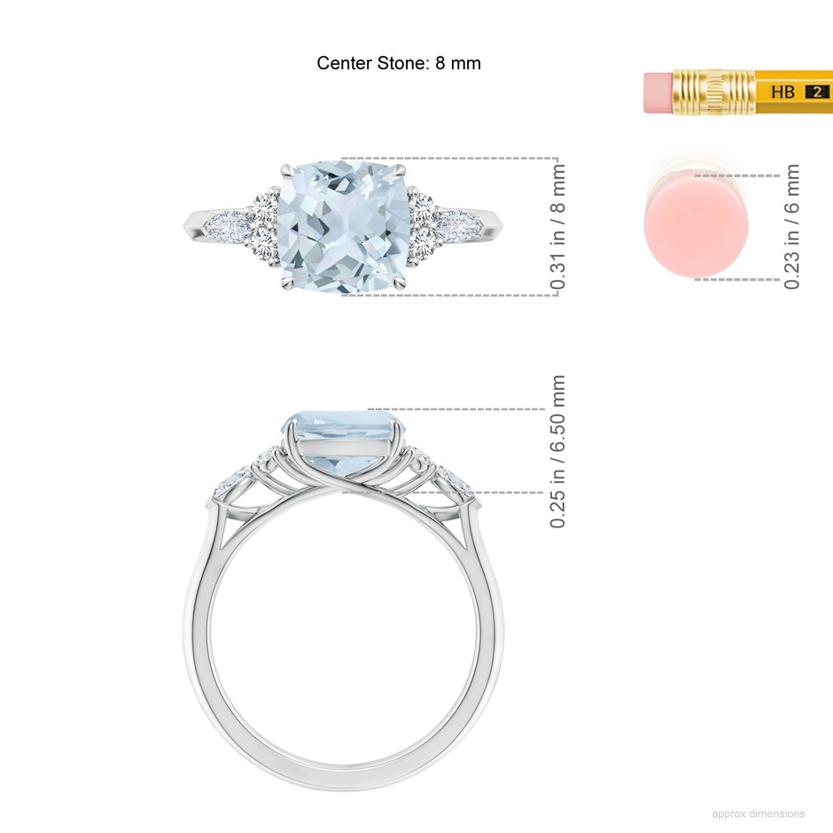 8mm A Cushion Aquamarine Side Stone Engagement Ring with Diamonds in White Gold ruler