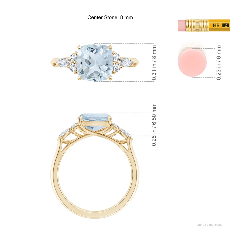 8mm A Cushion Aquamarine Side Stone Engagement Ring with Diamonds in Yellow Gold ruler
