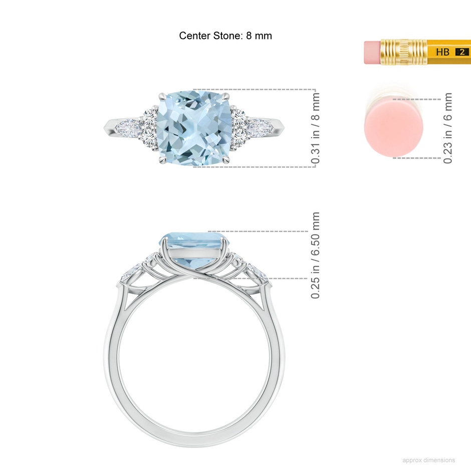 8mm AA Cushion Aquamarine Side Stone Engagement Ring with Diamonds in P950 Platinum ruler