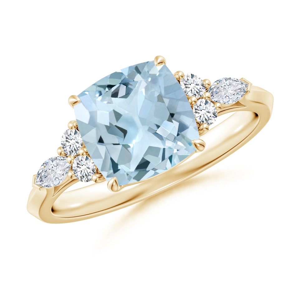 8mm AA Cushion Aquamarine Side Stone Engagement Ring with Diamonds in Yellow Gold 