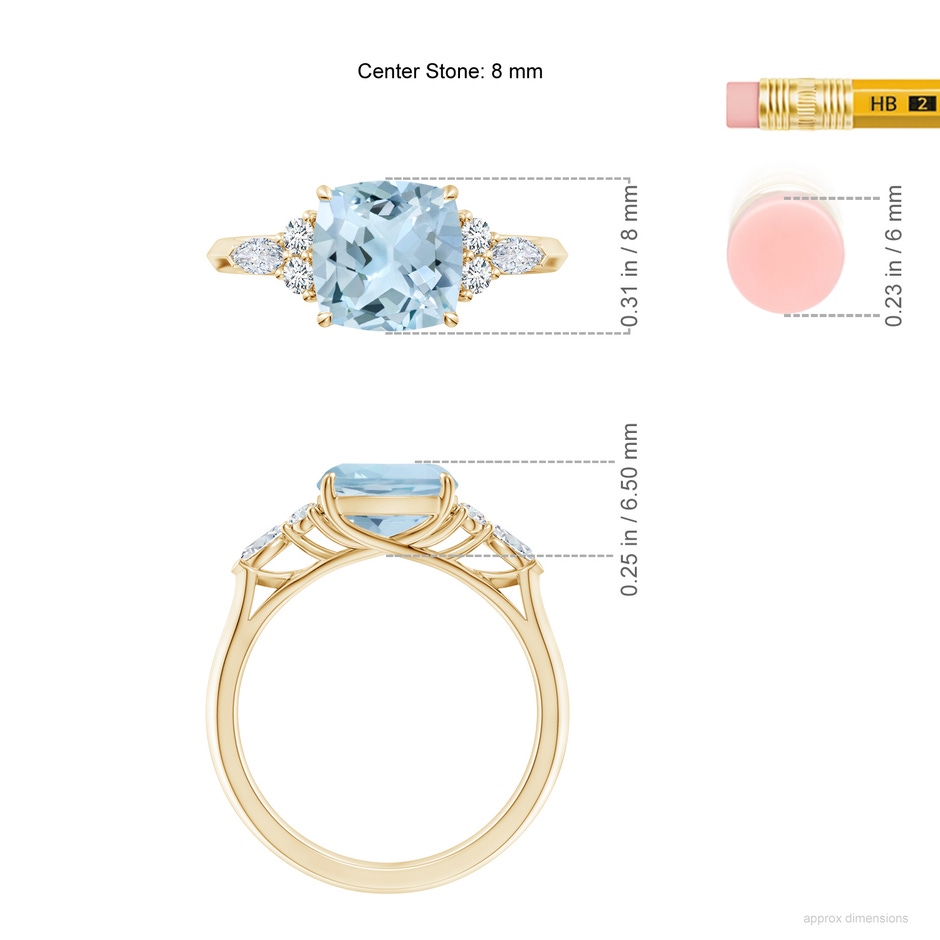 8mm AA Cushion Aquamarine Side Stone Engagement Ring with Diamonds in Yellow Gold ruler