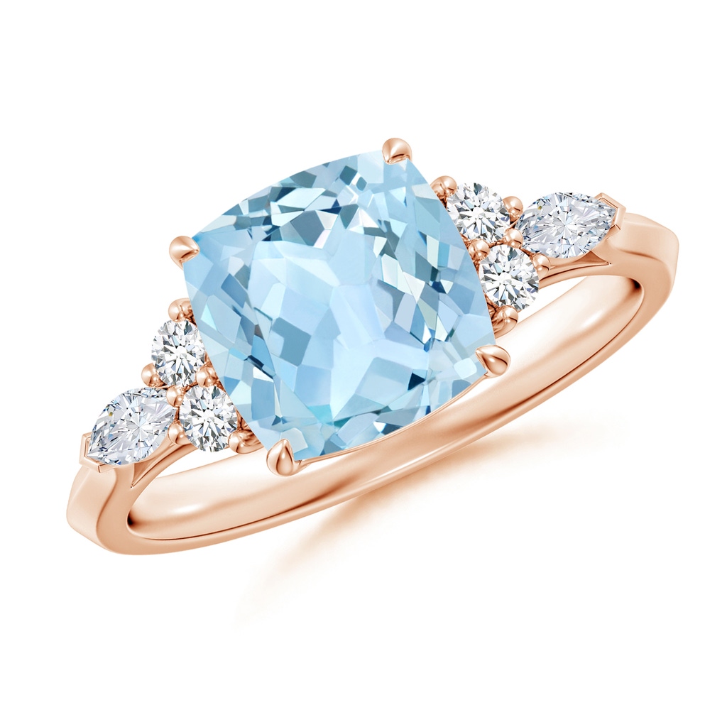 8mm AAA Cushion Aquamarine Side Stone Engagement Ring with Diamonds in Rose Gold