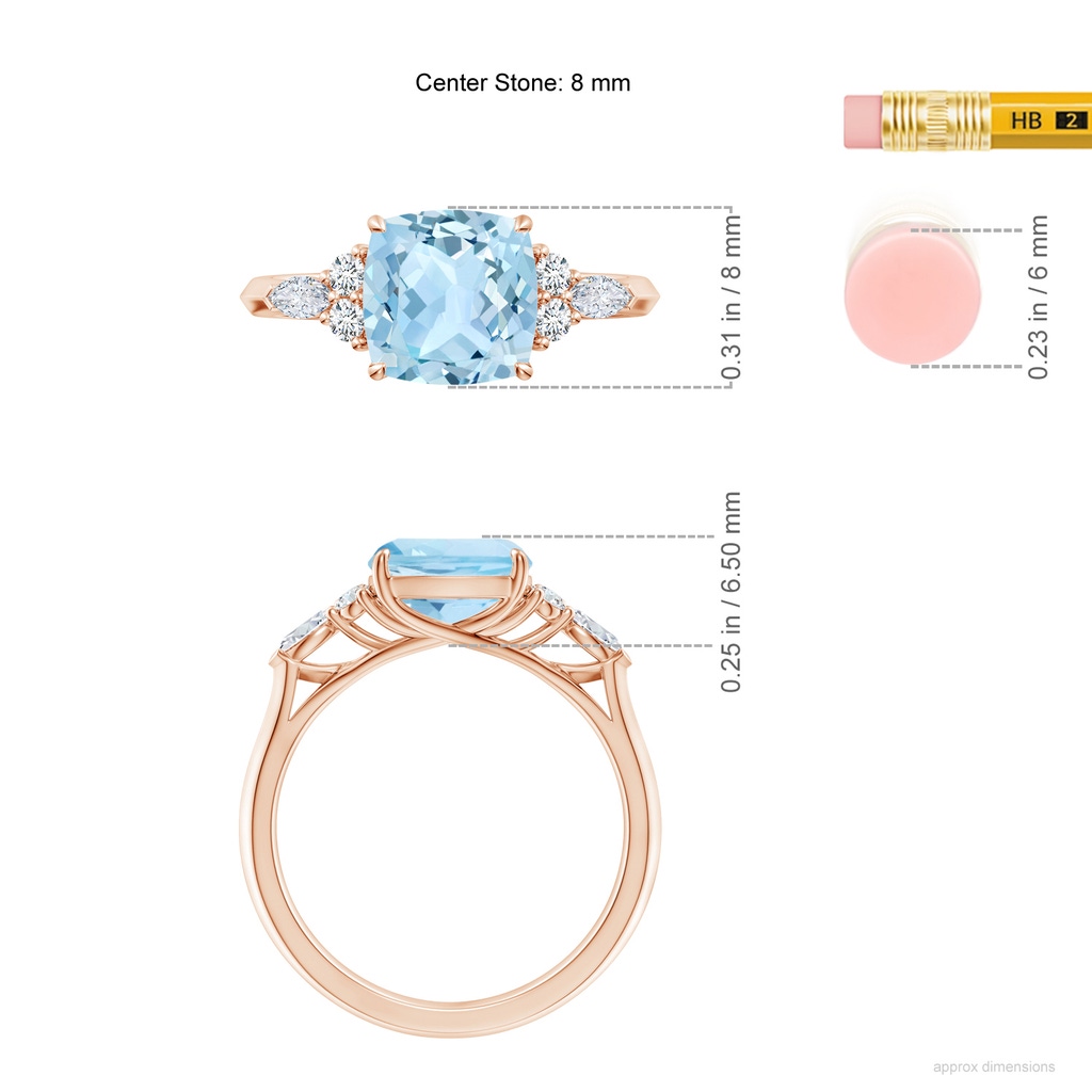 8mm AAA Cushion Aquamarine Side Stone Engagement Ring with Diamonds in Rose Gold ruler