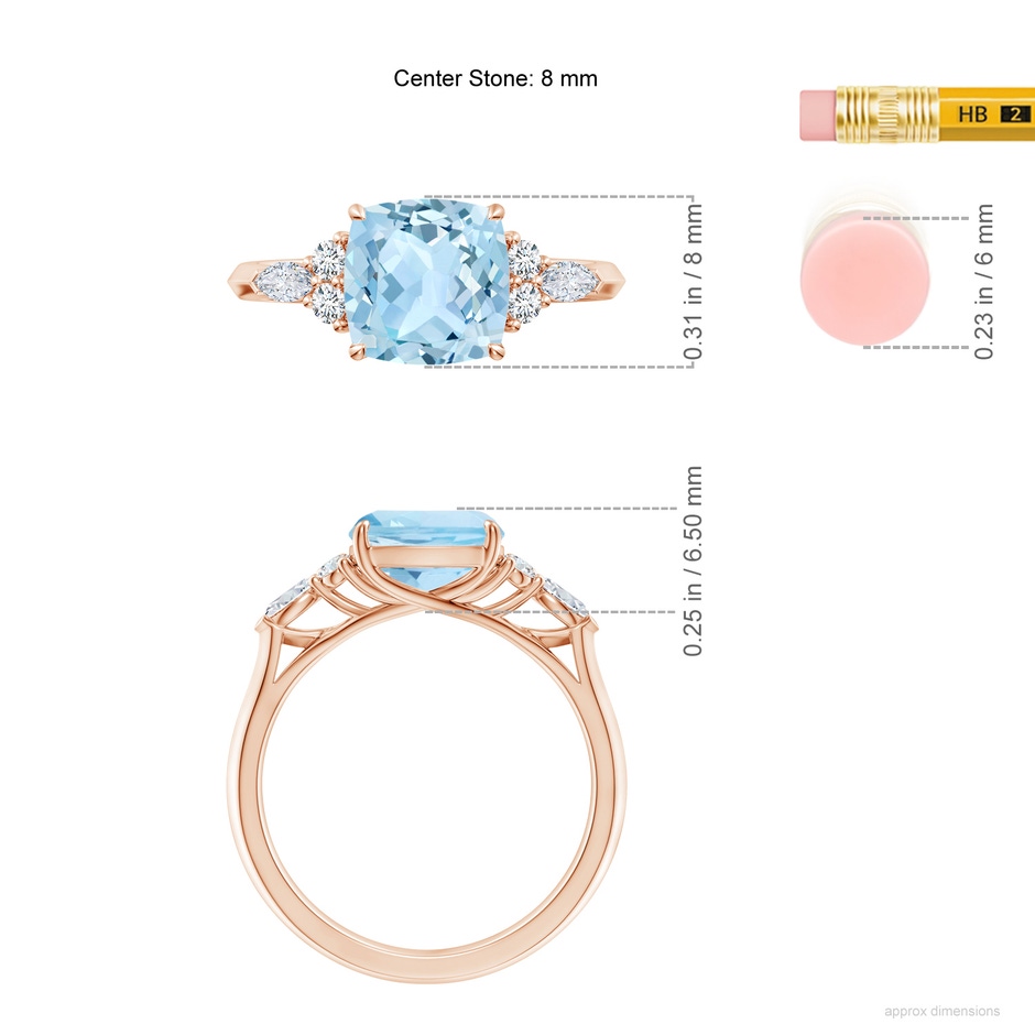 8mm AAA Cushion Aquamarine Side Stone Engagement Ring with Diamonds in Rose Gold ruler