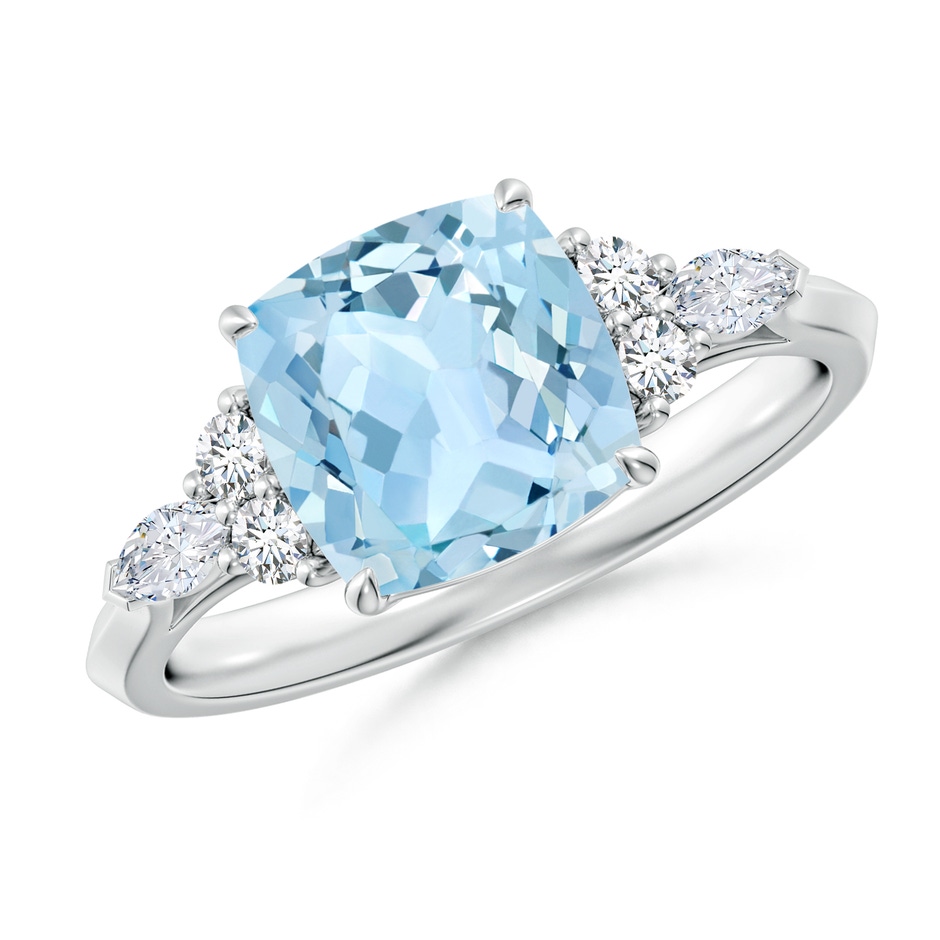 8mm AAA Cushion Aquamarine Side Stone Engagement Ring with Diamonds in White Gold 
