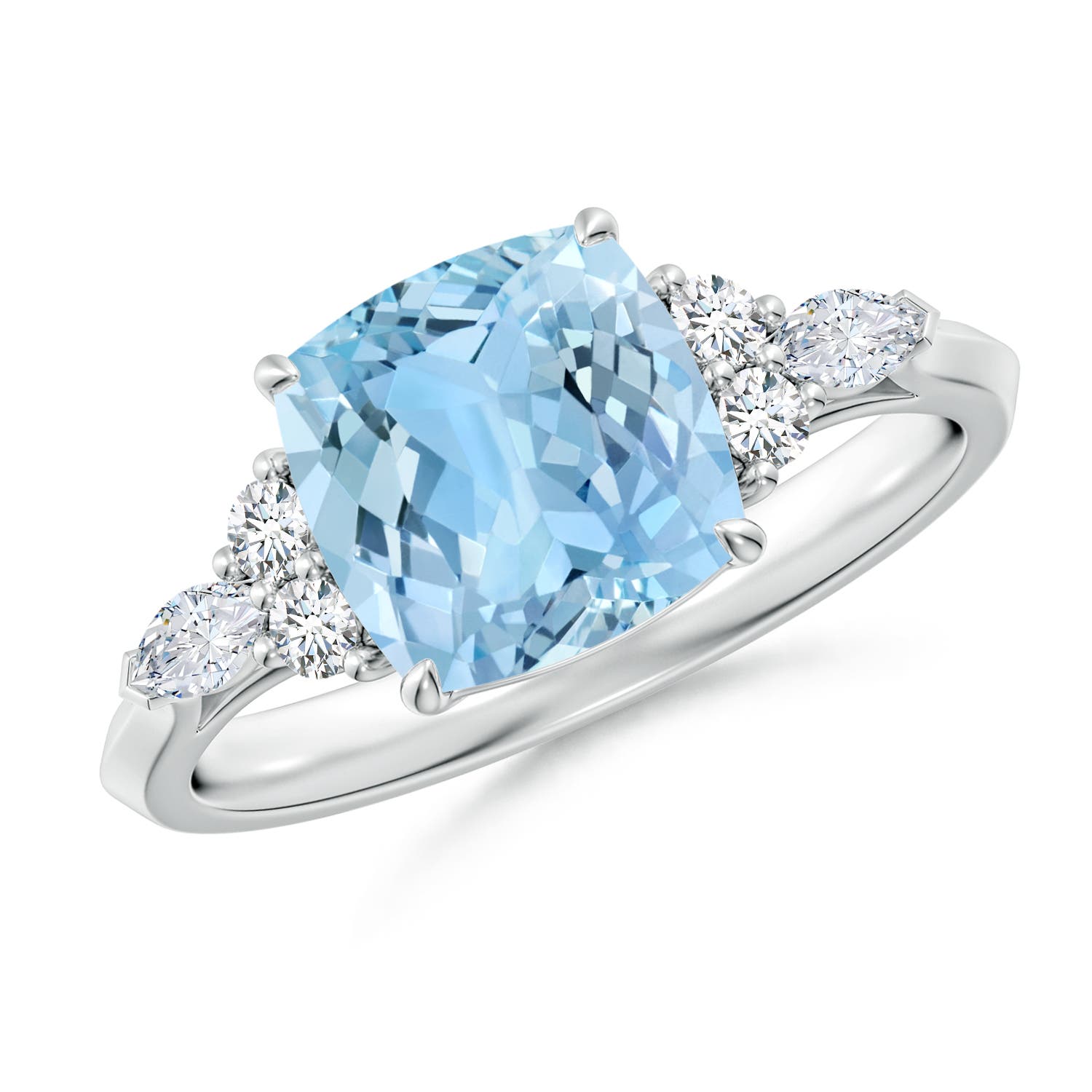 8mm AAAA Cushion Aquamarine Side Stone Engagement Ring with Diamonds in S999 Silver