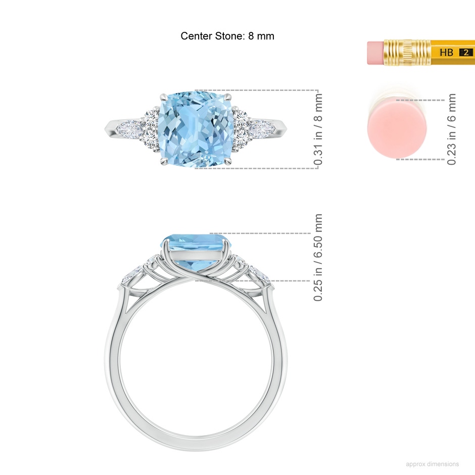 8mm AAAA Cushion Aquamarine Side Stone Engagement Ring with Diamonds in White Gold ruler