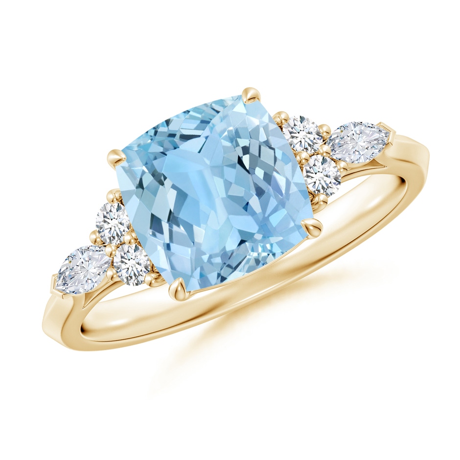 8mm AAAA Cushion Aquamarine Side Stone Engagement Ring with Diamonds in Yellow Gold 