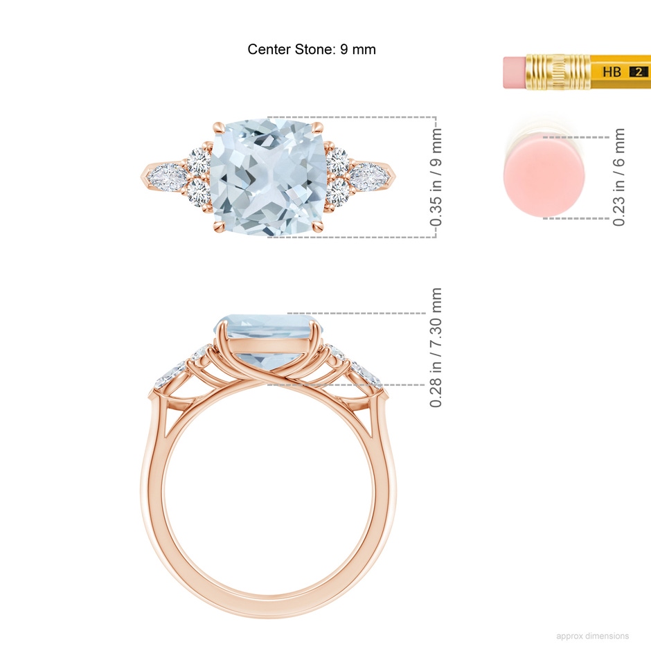 9mm A Cushion Aquamarine Side Stone Engagement Ring with Diamonds in Rose Gold ruler