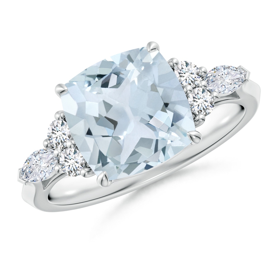 9mm A Cushion Aquamarine Side Stone Engagement Ring with Diamonds in White Gold 