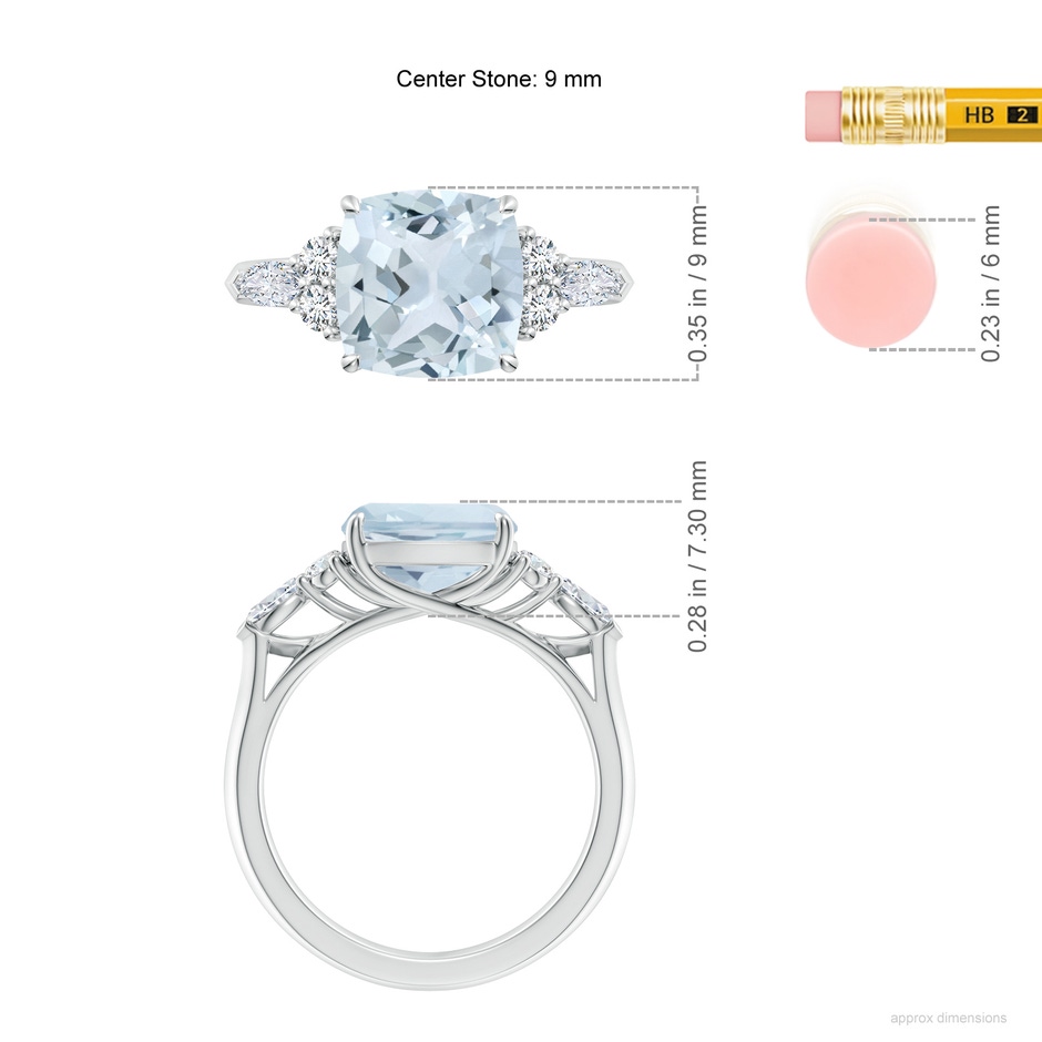 9mm A Cushion Aquamarine Side Stone Engagement Ring with Diamonds in White Gold ruler