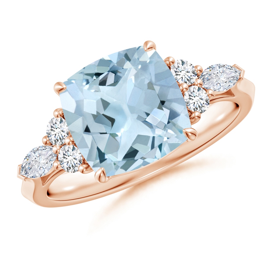 9mm AA Cushion Aquamarine Side Stone Engagement Ring with Diamonds in Rose Gold 