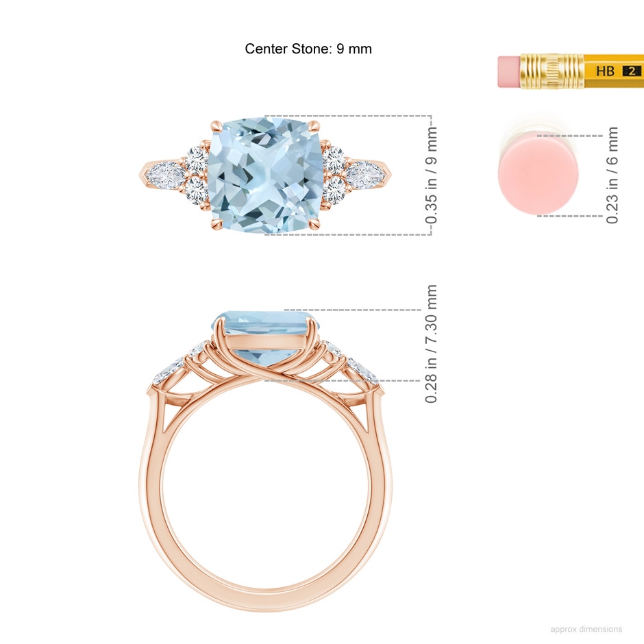 9mm AA Cushion Aquamarine Side Stone Engagement Ring with Diamonds in Rose Gold ruler