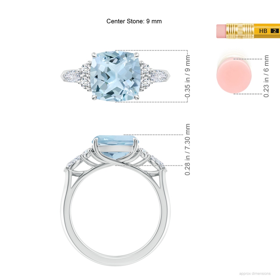 9mm AA Cushion Aquamarine Side Stone Engagement Ring with Diamonds in White Gold ruler