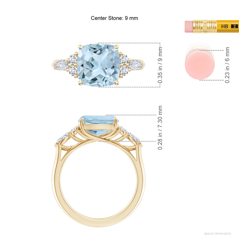 9mm AA Cushion Aquamarine Side Stone Engagement Ring with Diamonds in Yellow Gold ruler