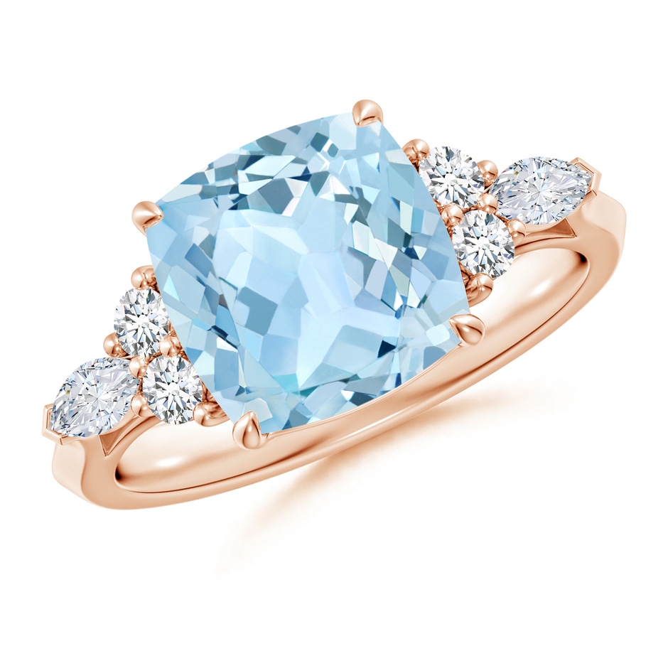 9mm AAA Cushion Aquamarine Side Stone Engagement Ring with Diamonds in Rose Gold 