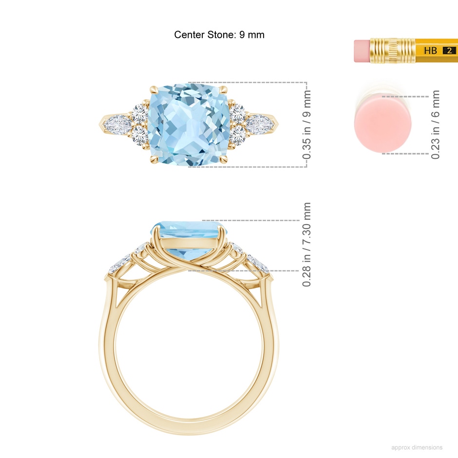 9mm AAA Cushion Aquamarine Side Stone Engagement Ring with Diamonds in Yellow Gold ruler