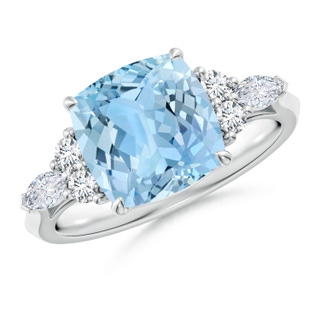 9mm AAAA Cushion Aquamarine Side Stone Engagement Ring with Diamonds in P950 Platinum