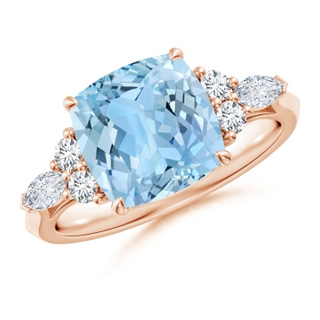 9mm AAAA Cushion Aquamarine Side Stone Engagement Ring with Diamonds in Rose Gold