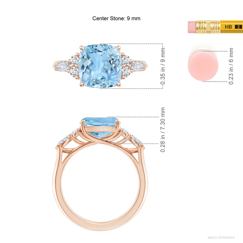 9mm AAAA Cushion Aquamarine Side Stone Engagement Ring with Diamonds in Rose Gold ruler