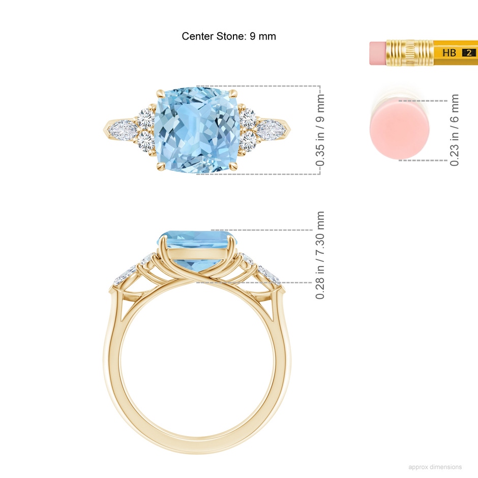 9mm AAAA Cushion Aquamarine Side Stone Engagement Ring with Diamonds in Yellow Gold ruler