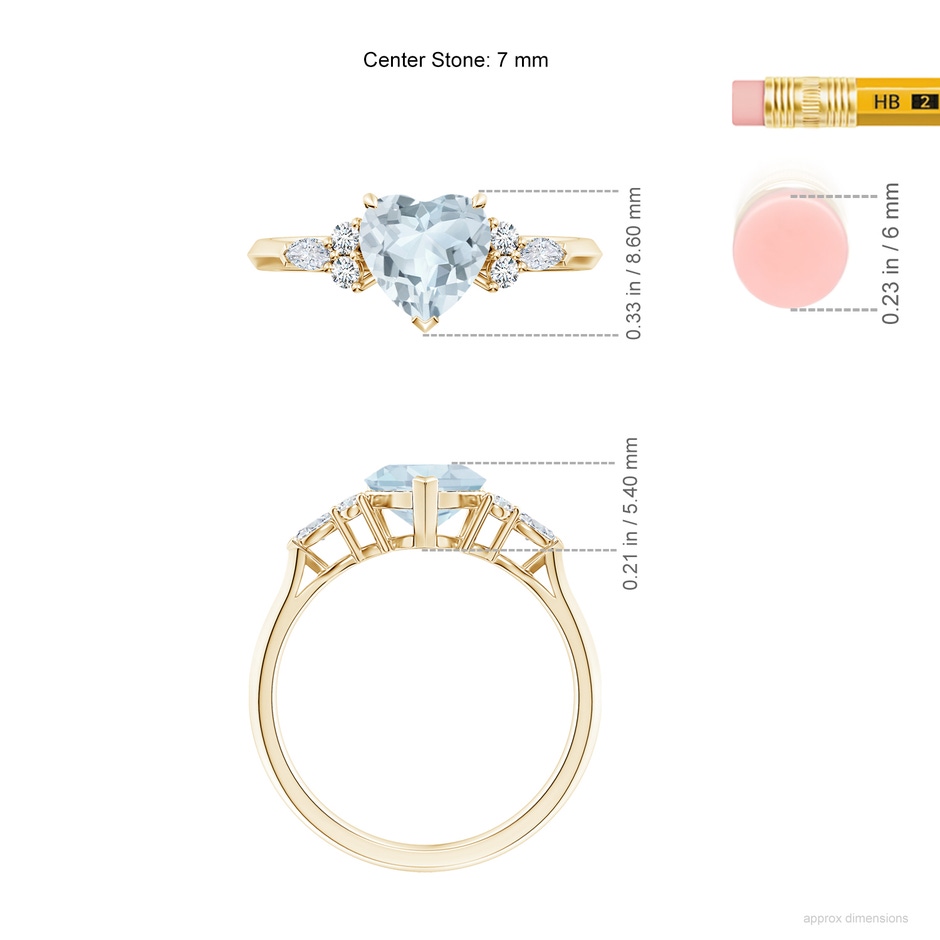 7mm A Heart-Shaped Aquamarine Side Stone Engagement Ring with Diamonds in Yellow Gold ruler