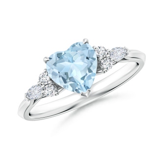 7mm AA Heart-Shaped Aquamarine Side Stone Engagement Ring with Diamonds in S999 Silver