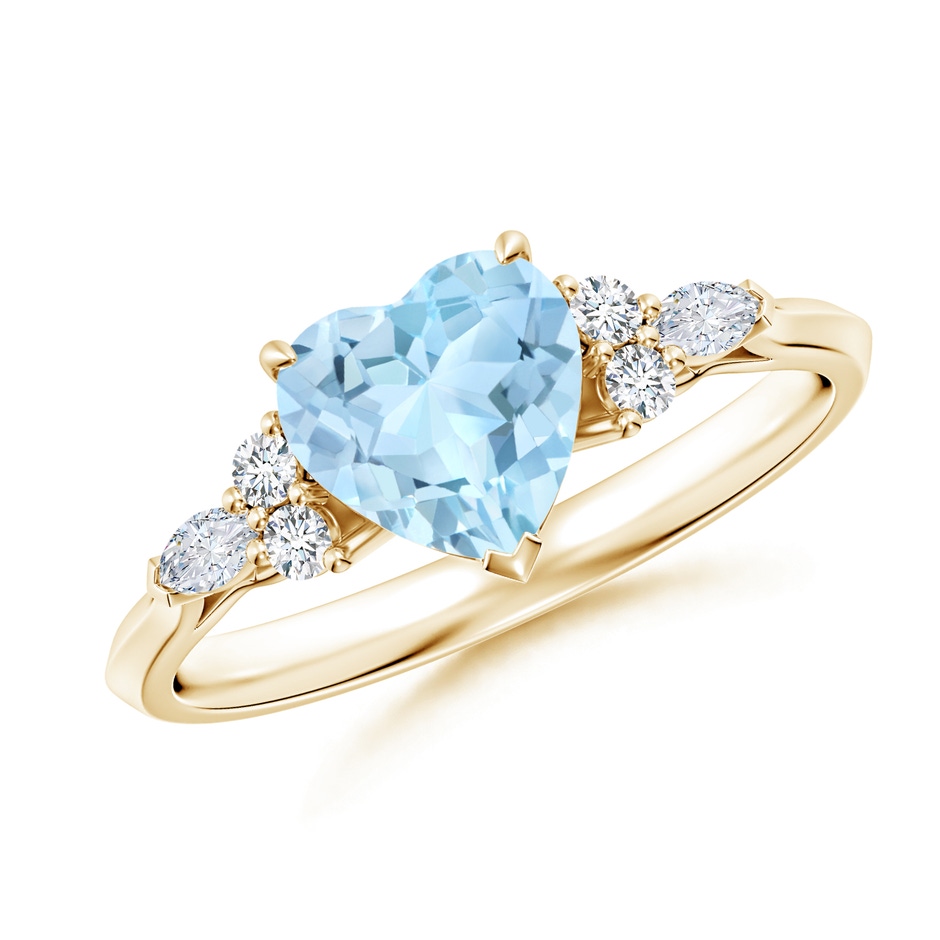 7mm AAA Heart-Shaped Aquamarine Side Stone Engagement Ring with Diamonds in Yellow Gold 