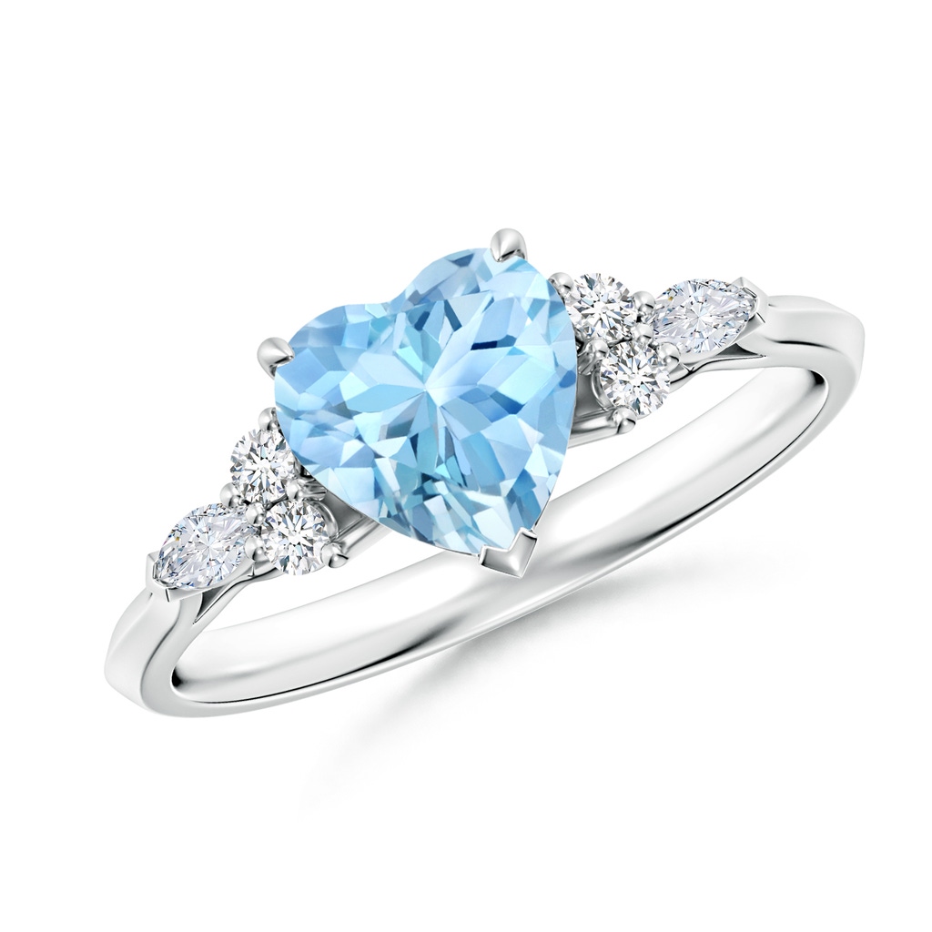 7mm AAAA Heart-Shaped Aquamarine Side Stone Engagement Ring with Diamonds in S999 Silver