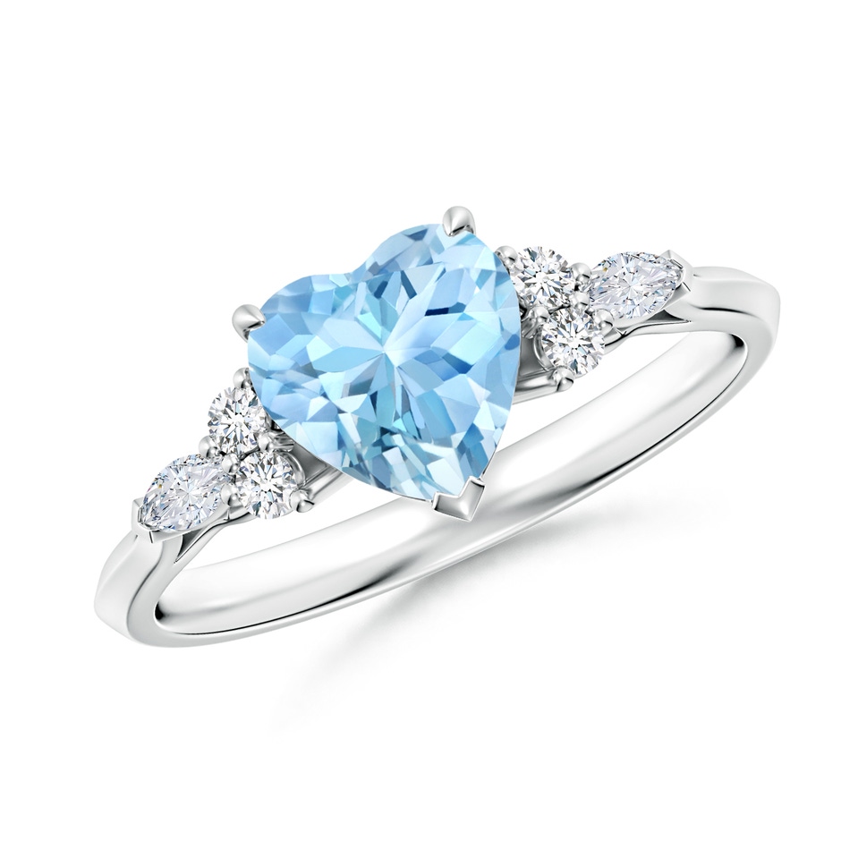 7mm AAAA Heart-Shaped Aquamarine Side Stone Engagement Ring with Diamonds in White Gold 