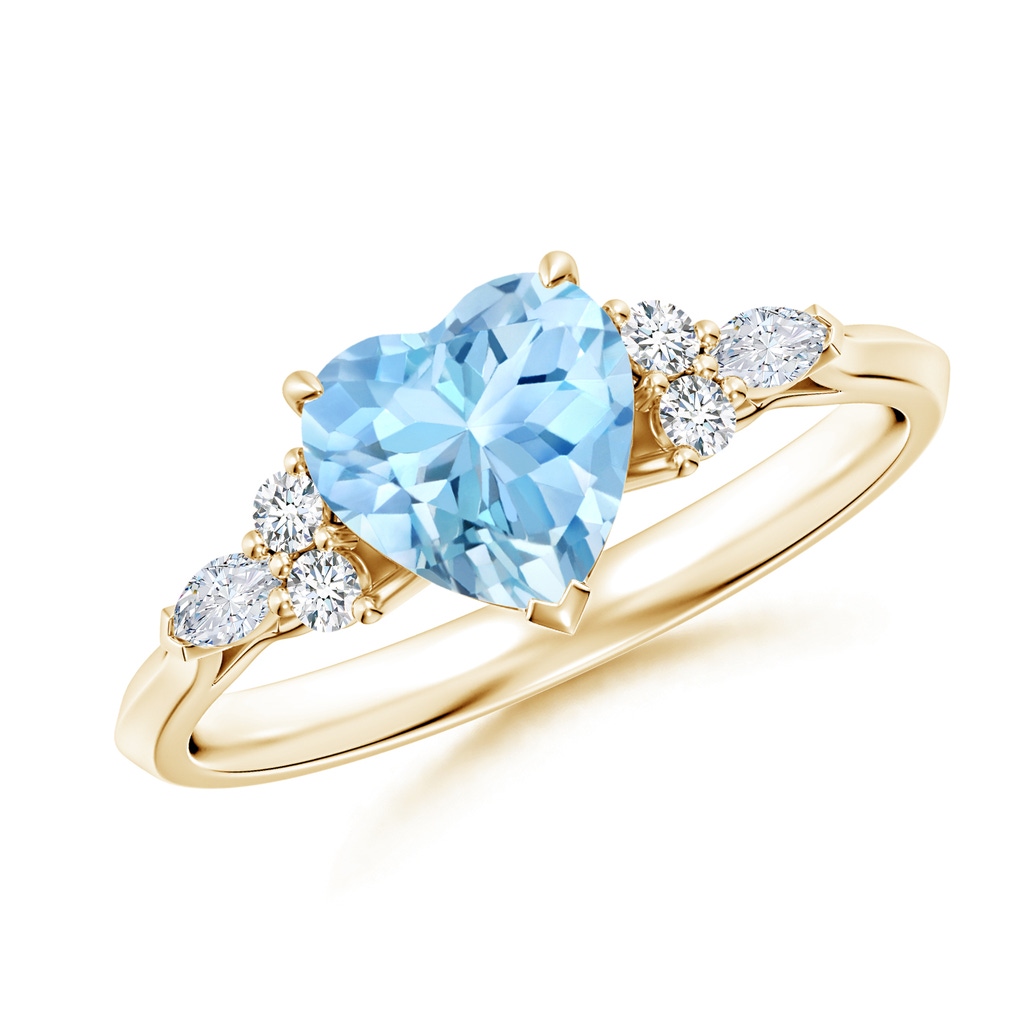7mm AAAA Heart-Shaped Aquamarine Side Stone Engagement Ring with Diamonds in Yellow Gold