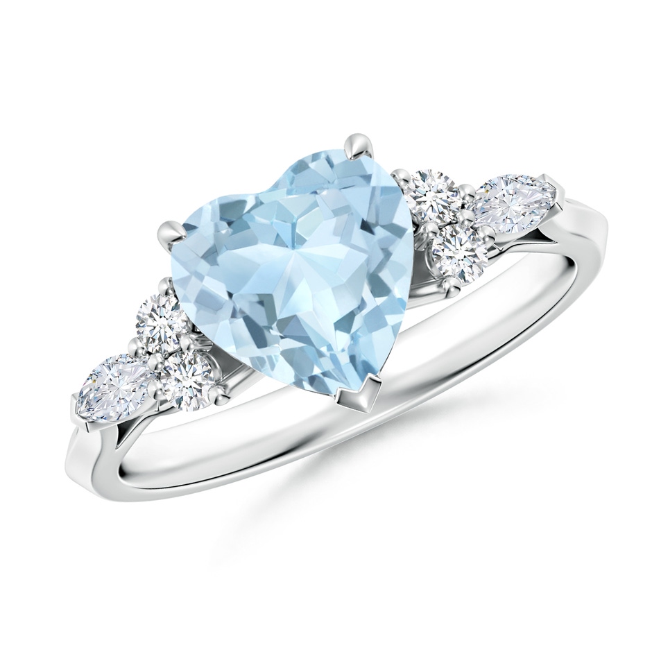 8mm AA Heart-Shaped Aquamarine Side Stone Engagement Ring with Diamonds in S999 Silver 