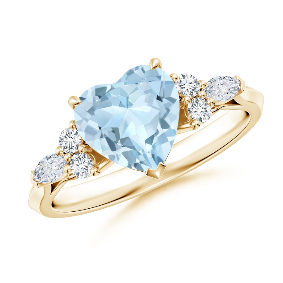 8mm AA Heart-Shaped Aquamarine Side Stone Engagement Ring with Diamonds in Yellow Gold 