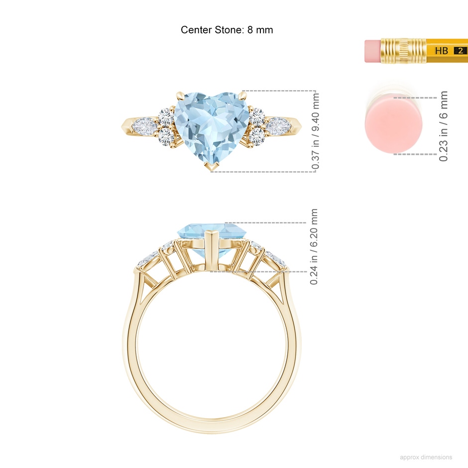8mm AA Heart-Shaped Aquamarine Side Stone Engagement Ring with Diamonds in Yellow Gold ruler