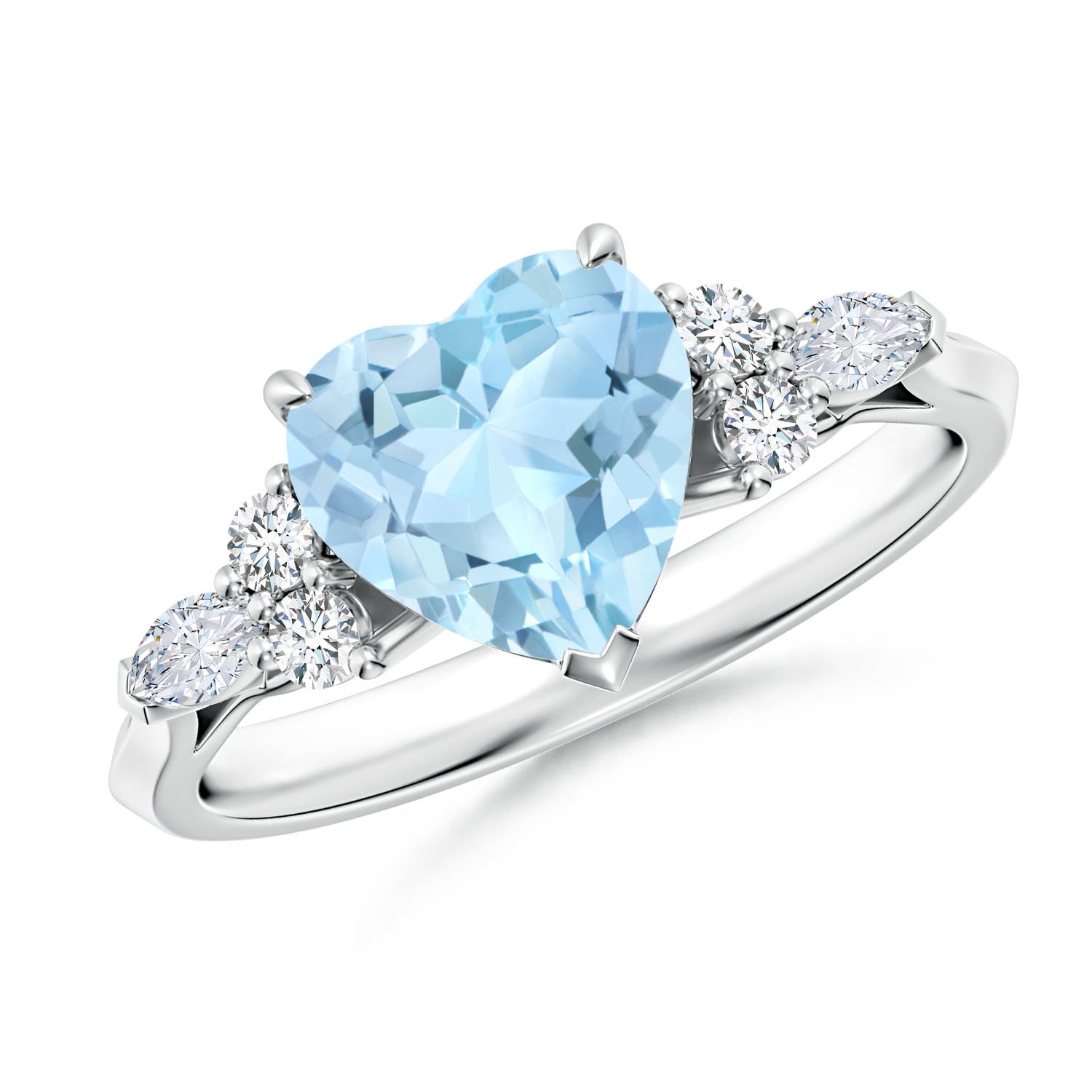 8mm AAA Heart-Shaped Aquamarine Side Stone Engagement Ring with Diamonds in White Gold