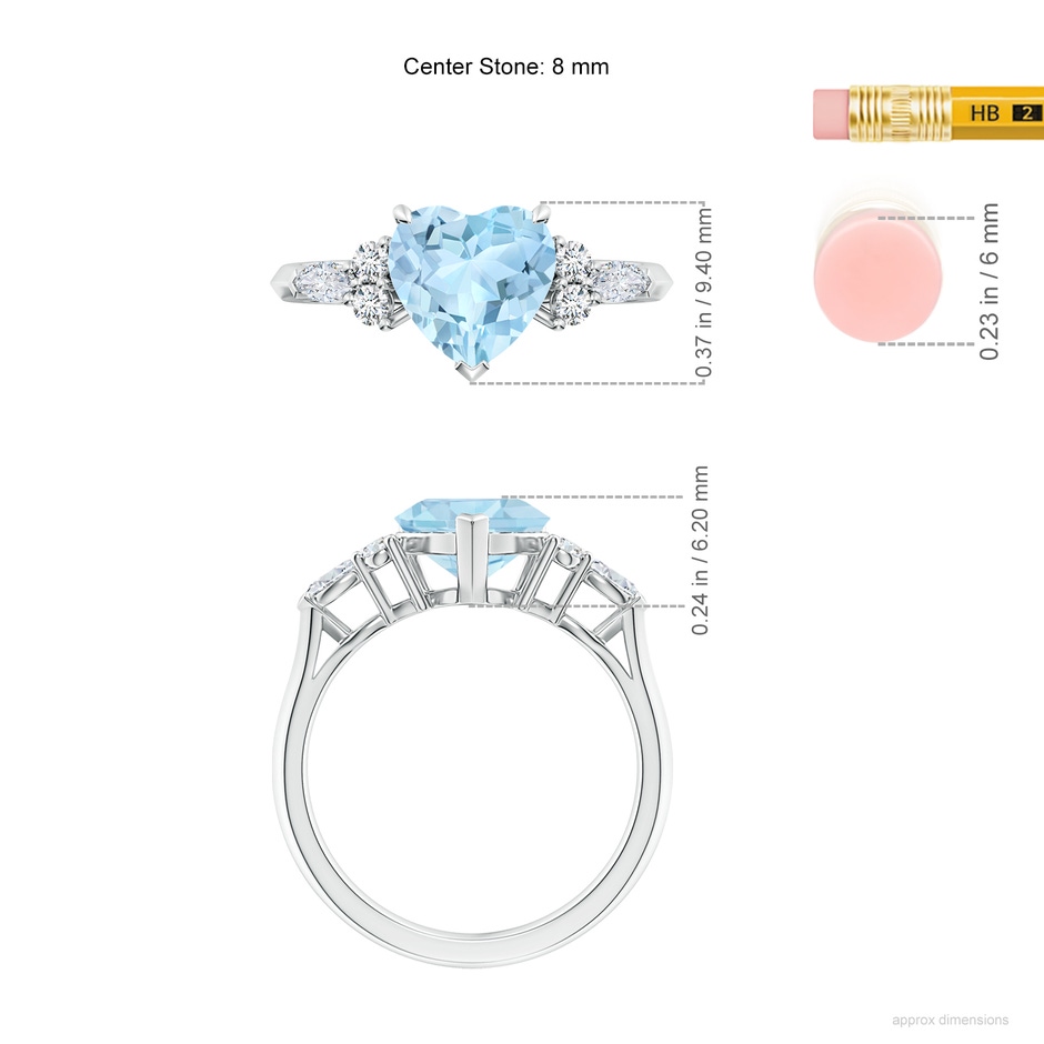 8mm AAA Heart-Shaped Aquamarine Side Stone Engagement Ring with Diamonds in White Gold ruler