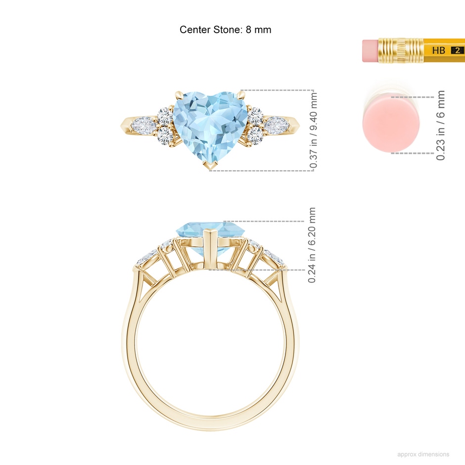 8mm AAA Heart-Shaped Aquamarine Side Stone Engagement Ring with Diamonds in Yellow Gold ruler