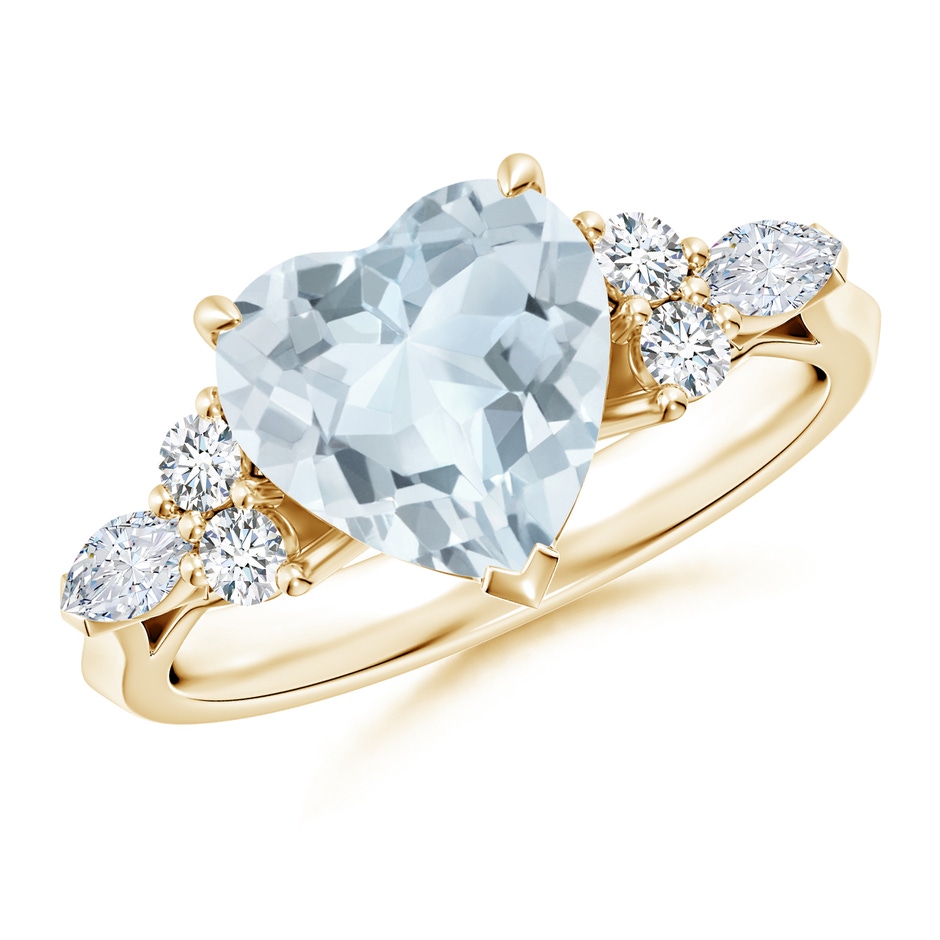 9mm A Heart-Shaped Aquamarine Side Stone Engagement Ring with Diamonds in 10K Yellow Gold 