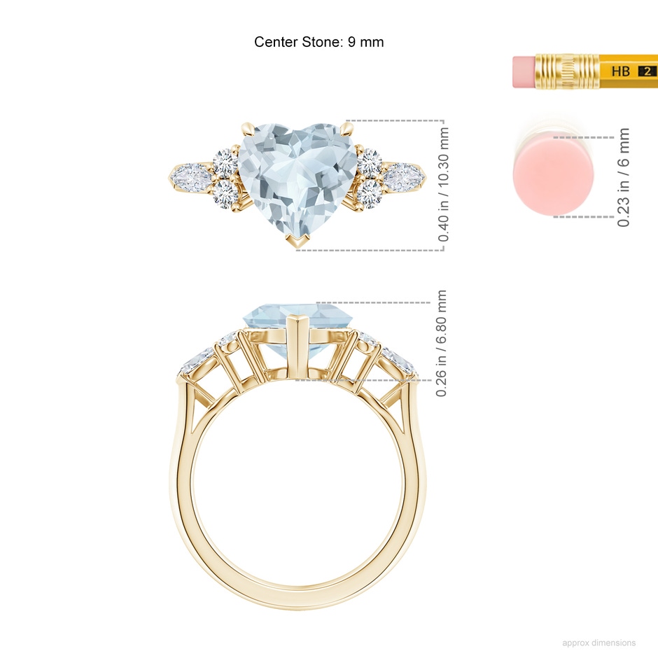 9mm A Heart-Shaped Aquamarine Side Stone Engagement Ring with Diamonds in 10K Yellow Gold ruler