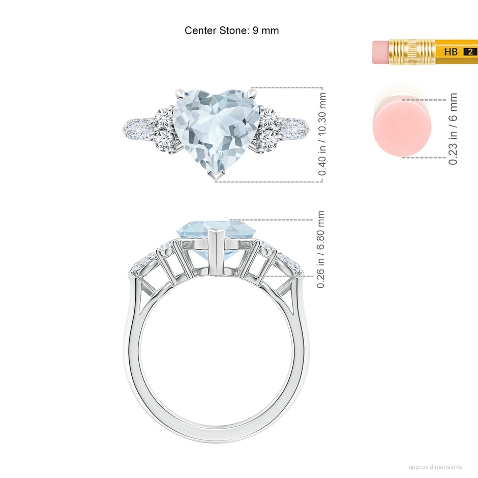 9mm A Heart-Shaped Aquamarine Side Stone Engagement Ring with Diamonds in S999 Silver ruler
