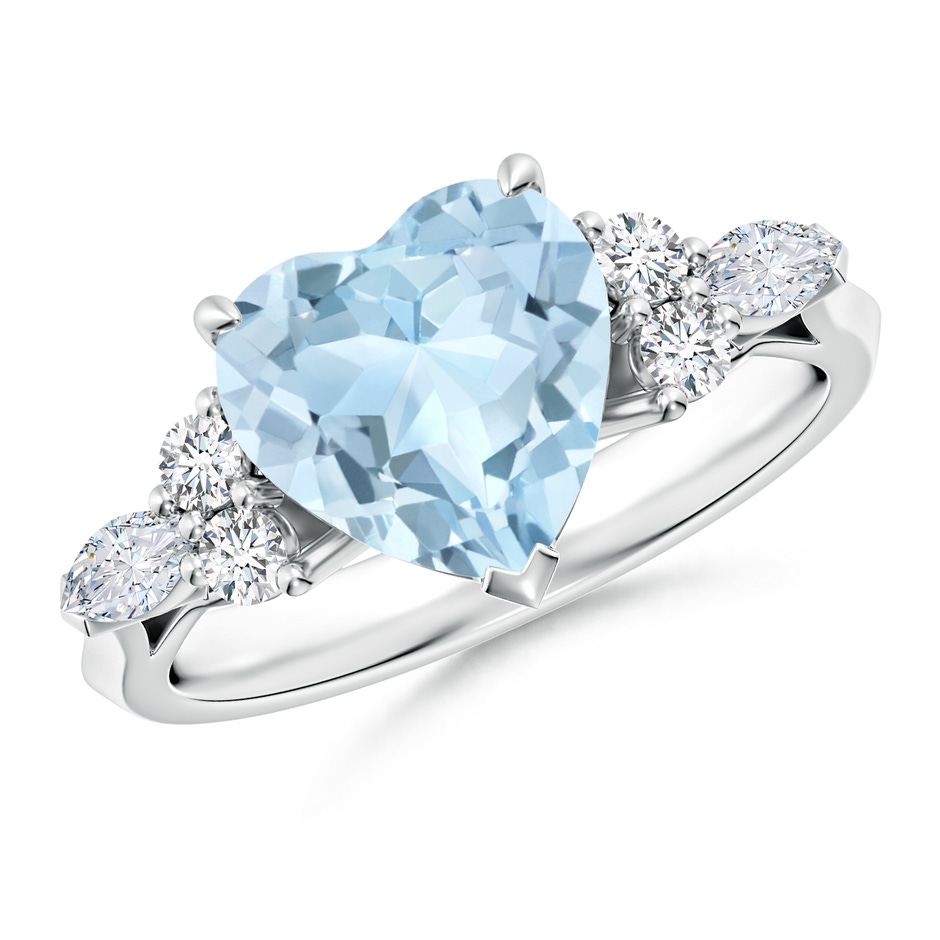 9mm AA Heart-Shaped Aquamarine Side Stone Engagement Ring with Diamonds in S999 Silver 