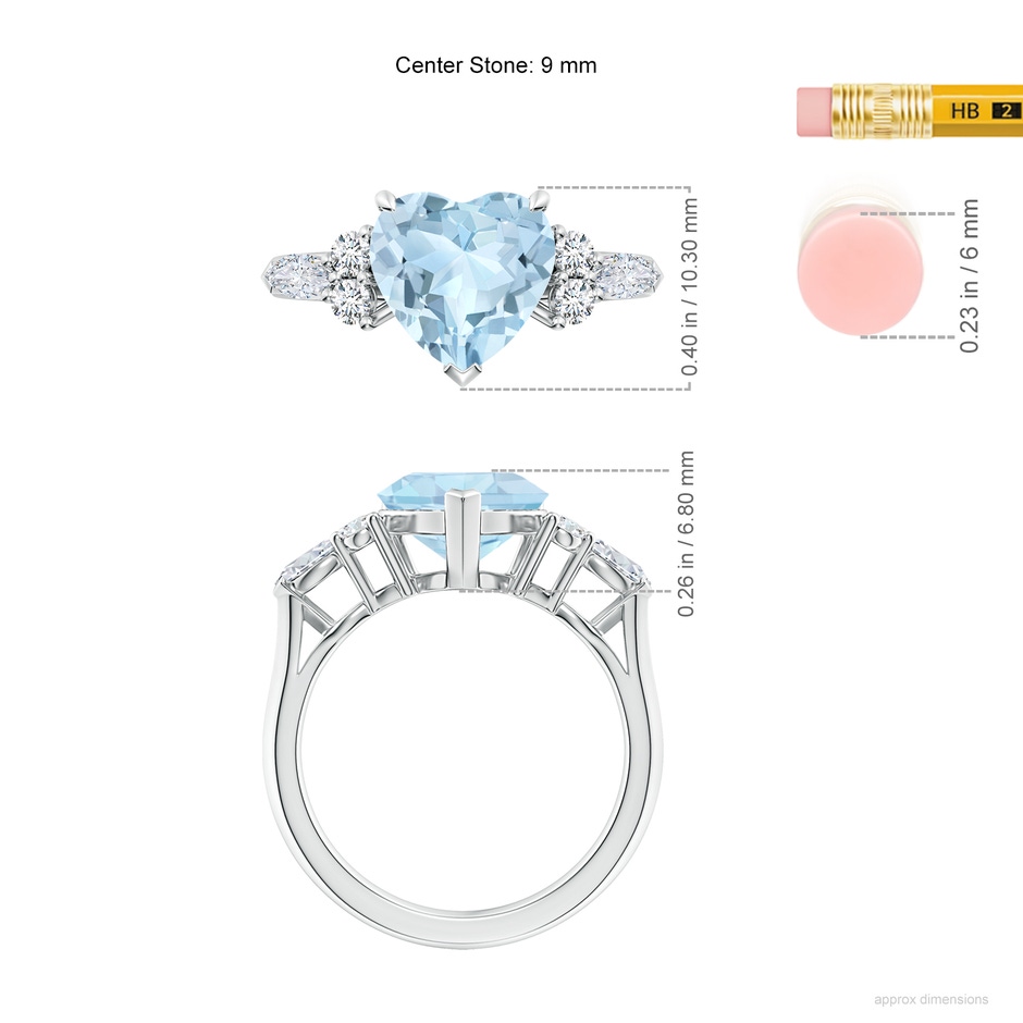 9mm AA Heart-Shaped Aquamarine Side Stone Engagement Ring with Diamonds in S999 Silver ruler